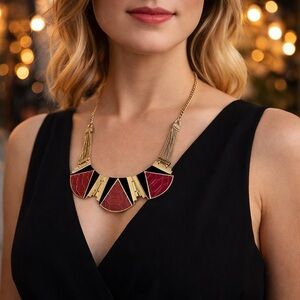 Gold Geometric Pendant Necklace Red & Black Modern‎ Statement Red Womens Party